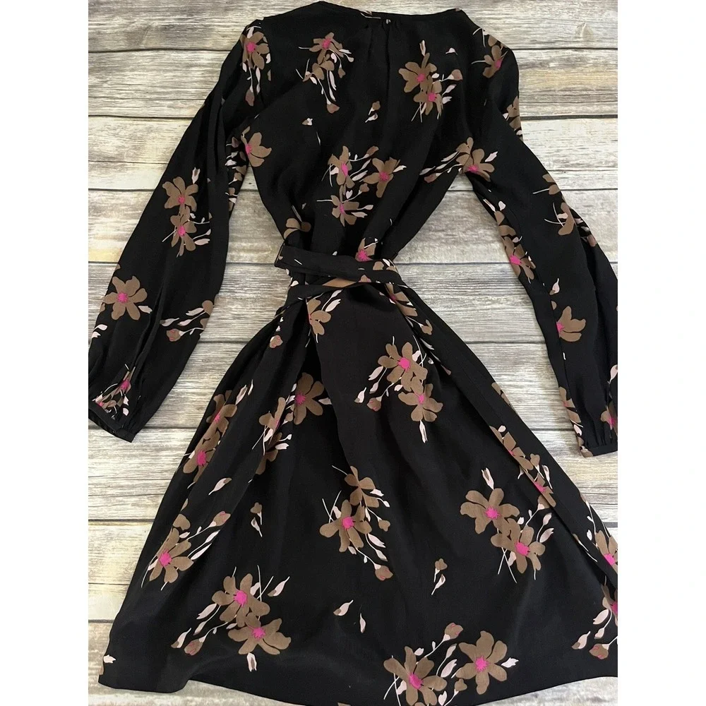 Boden Mara Black Bramble Floral Split Neck Belted Lined Long Sleeve Dress 6 - Picture 5 of 5